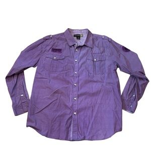 I Link Men's Purple Button Up Shirt Patchwork on Sleeve & Embroidery on Front